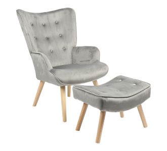 Πολυθρόνα με υποπόδιο Vivienne pakoworld βελούδο γκρι-φυσικό πόδι 75x69x96εκ |  Πολυθρόνες σαλονιού στο espiti