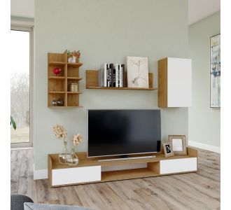 Σύνθεση τηλεόρασης Callisto Χρυσό Δρυς-Λευκό 200x40x180cm AlphaB2B |  Έπιπλα τηλεόρασης στο espiti