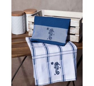 Σετ 2 τεμαχίων ποτηρόπανα (50cm x 70cm) ιππόκαμπος μπλέ 6978000002984 SilkFashion |  Πετσέτες Κουζίνας στο espiti