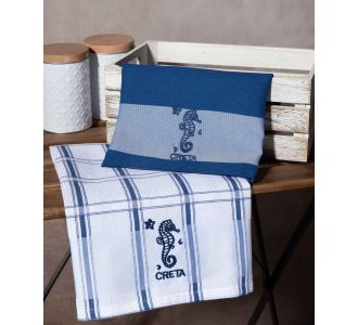 Σετ 2 τεμαχίων ποτηρόπανα (50cm x 70cm) μπλέ ιππόκαμπος CRETA 6978000003285 SilkFashion |  Πετσέτες Κουζίνας στο espiti