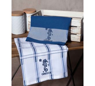 Σετ 2 τεμαχίων ποτηρόπανα (50cm x 70cm) μπλέ ιππόκαμπος GREECE 6978000003333 SilkFashion |  Πετσέτες Κουζίνας στο espiti