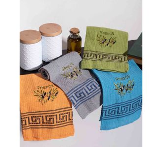 Σετ 12 τεμαχίων ποτηρόπανα (45cm x 65cm) κλαδί ελιάς χρωματιστό GREECE 6978000003335 SilkFashion |  Πετσέτες Κουζίνας στο espiti