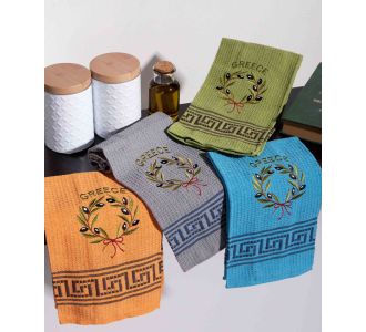 Σετ 12 τεμαχίων ποτηρόπανα (45cm x 65cm) στεφάνι ελιάς χρωματιστό GREECE 6978000003342 SilkFashion |  Πετσέτες Κουζίνας στο espiti