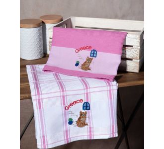 Σετ 2 τεμαχίων ποτηρόπανα (50cm x 70cm) ρόζ γάτα GREECE 6978000003346 SilkFashion |  Πετσέτες Κουζίνας στο espiti