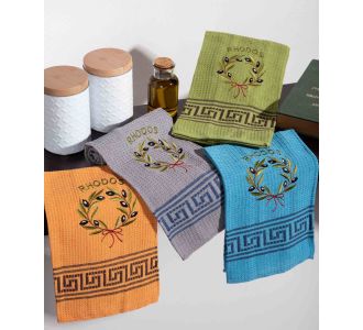 Σετ 12 τεμαχίων ποτηρόπανα (45cm x 65cm) στεφάνι ελιάς χρωματιστό RHODES 6978000003392 SilkFashion |  Πετσέτες Κουζίνας στο espiti