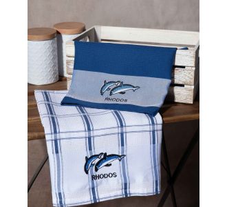 Σετ 2 τεμαχίων ποτηρόπανα (50cm x 70cm) μπλέ δελφίνι RHODES 6978000003401 SilkFashion |  Πετσέτες Κουζίνας στο espiti