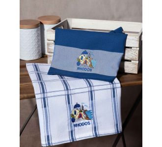 Σετ 2 τεμαχίων ποτηρόπανα (50cm x 70cm) μπλέ εκκλησία RHODES 6978000003404 SilkFashion |  Πετσέτες Κουζίνας στο espiti