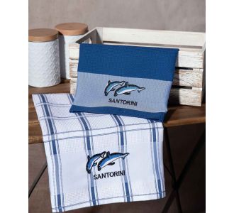 Σετ 2 τεμαχίων ποτηρόπανα (50cm x 70cm) μπλέ δελφίνι SANTORINI 6978000003421 SilkFashion |  Πετσέτες Κουζίνας στο espiti