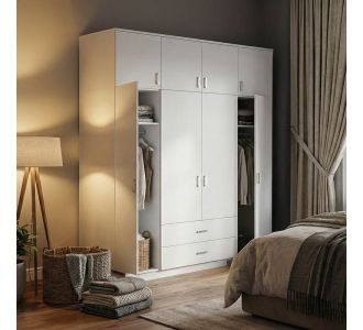 Ντουλάπα τετράφυλλη Royal pakoworld με συρτάρια και πατάρι λευκό 200x58x230εκ |  Ντουλάπες ρούχων στο espiti