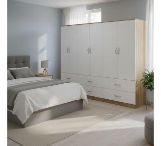 Ντουλάπα εξάφυλλη με συρτάρια Lego pakoworld sonoma-λευκό  240x42x180εκ |  Ντουλάπες ρούχων στο espiti