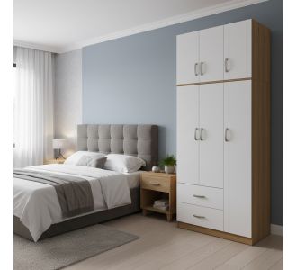 Ντουλάπα τρίφυλλη με 2 συρτάρια και πατάρι Lego pakoworld σε oak-λευκή απόχρωση 90x42x240εκ |  Ντουλάπες ρούχων στο espiti