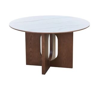 Τραπέζι Merge pakoworld sintered stone-mdf σε λευκό μαρμάρου με καρυδί βάση Φ130x75εκ |  Τραπέζια στο espiti