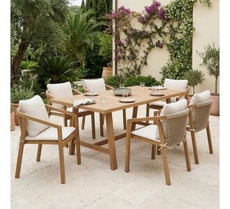 Τραπεζαρία Malibu pakoworld μασίφ ξύλο ακακίας 180x90x75εκ Σετ 7τεμ |  Σετ τραπεζαρία κήπου στο espiti