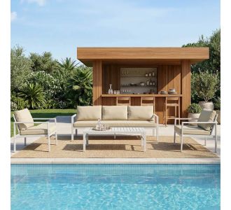 Σαλόνι Gardenly Ι pakoworld σετ 4τμχ αλουμίνιο σε λευκή απόχρωση με γκρι-μπεζ μαξιλάρια |  Σαλόνια κήπου στο espiti
