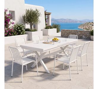 Τραπεζαρία Dagyn Vista pakoworld σετ 7τεμ λευκό αλουμίνιο 180-240x90x76εκ |  Σετ τραπεζαρία κήπου στο espiti