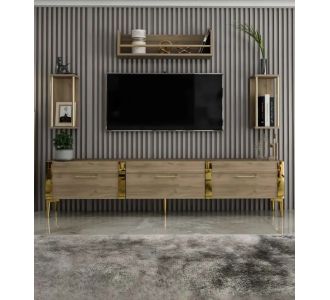 Stewehome Μοντέρνα Βάση Τηλεόρασης με Ράφια &amp; Κομψό Design ΛΕΥΚΟ ΜΕ ΧΡΥΣΟ 180x31x45 cm 331779 |  Έπιπλα τηλεόρασης στο espiti