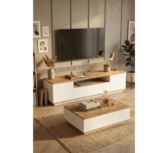 Stewehome Σετ 2 τεμαχίων σκανδιναβικού στιλ έπιπλο τηλεόρασης και τραπεζάκι σαλονιού από πεύκο και λευκό με ντουλάπι 180x45x45 cm 850530 |  Έπιπλα τηλεόρασης στο espiti