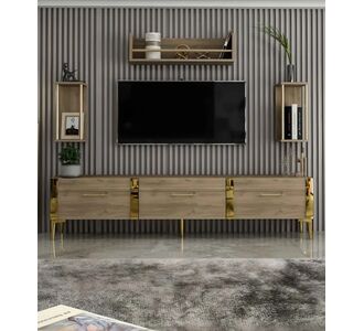Stewehome Έπιπλο TV Πολυτελείας με Ράφια &amp; Ντουλάπια Ξύλινη Απόχρωση και Χρυσά Στοιχεία 281409 |  Έπιπλα τηλεόρασης στο espiti