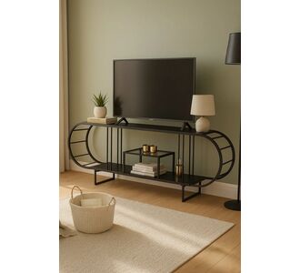 Stewehome Minimal Έπιπλο Τηλεόρασης Μαύρο Μεταλλικό με Ράφια Μαύρο 161x37x55 cm 466394 |  Έπιπλα τηλεόρασης στο espiti