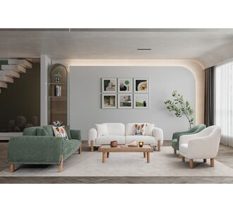 Stewehome Σετ Σαλονιού 3+3+1+1 σε Πράσινο &amp; Εκρού με Ξύλινα Πόδια 230x100x85 cm 272692 |  Καναπέδες στο espiti