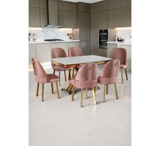 Stewehome Σετ Τραπεζαρίας 6 Ατόμων με Καρέκλες -Ροζ/λευκό με μαρμάρινο σχέδιο 120x80x75 cm 596668 |  Σετ τραπεζαρίες στο espiti