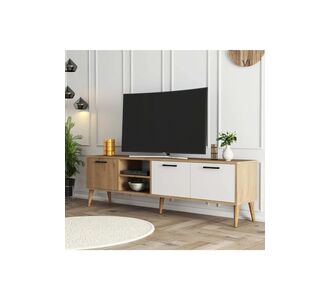 Stewehome Σκανδιναβική επιτοίχια μονάδα τηλεόρασης με ντουλάπια και ξύλινα πόδια Λευκό 180x35x53 cm 389386 |  Έπιπλα τηλεόρασης στο espiti