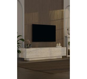 Stewehome Μοντέρνα μποέμ επιπλοσύνθεση τηλεόρασης με LED φωτισμό και τρία ντουλάπια τύπου travertine για τοίχο Εκρού 130x30x45 cm 157024 |  Έπιπλα τηλεόρασης στο espiti