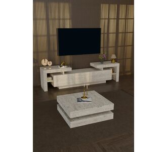 Stewehome Σετ μοντέρνας σύνθεσης τηλεόρασης με led φωτισμό και διώροφο τραπεζάκι σαλονιού με εφέ τραβερτίνη Εκρού 190x30x60 cm 633240 |  Έπιπλα τηλεόρασης στο espiti
