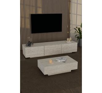 Stewehome Σύνθεση τηλεόρασης με led φωτισμό και ορθογώνιο τραπεζάκι σαλονιού με led φωτισμό μοντέρνου σχεδιασμού από τραβερτίνη Εκρού 130x30x45 cm 953008 |  Έπιπλα τηλεόρασης στο espiti