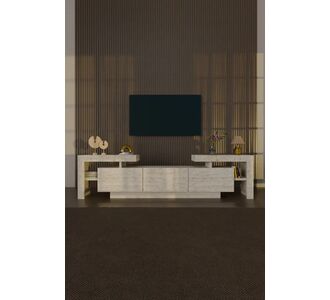 Stewehome Σύγχρονη επιτοίχια μονάδα τηλεόρασης με LED φώτα 3 πόρτες και ράφια travertine όψη Εκρού 190x30x60 cm 203985 |  Έπιπλα τηλεόρασης στο espiti