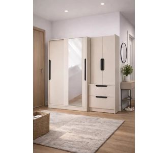 Stewehome Σετ μοντέρνας συρόμενης ντουλάπας από Συνθετικό ξύλο με δύο μονάδες Μπεζ 190x185x185 cm 116003 |  Καλόγεροι -Κρεμάστρες στο espiti