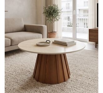 Τραπέζι σαλονιού Franzel pakoworld sintered stone σε όψη τραβερτίνας-mdf σε καρυδι Φ80x40εκ |  Τραπεζάκια σαλονιού στο espiti