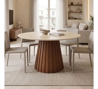 Τραπέζι Franzel pakoworld sintered stone σε όψη τραβερτίνας-mdf καρυδί Φ120x75εκ |  Τραπέζια στο espiti