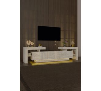Stewehome Σετ μοντέρνα σύνθεση τηλεόρασης με led φωτισμό και τετράγωνιο τραπεζάκι μέσης με travertine σχέδιο Εκρού 190x30x60 cm 335090 |  Έπιπλα τηλεόρασης στο espiti