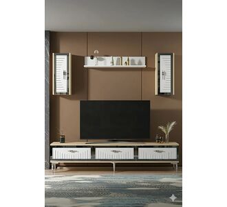 Stewehome Μοντέρνα επιπλοσύνθεση τηλεόρασης με ράφι από Συνθετικό ξύλο σε λευκό και ασημί 180x30x41 cm 971202 |  Έπιπλα τηλεόρασης στο espiti