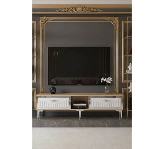Stewehome Μοντέρνο έπιπλο τηλεόρασης με πόρτες από Συνθετικό ξύλο σε λευκό και ασημί 150x30x41 cm 753309 |  Έπιπλα τηλεόρασης στο espiti