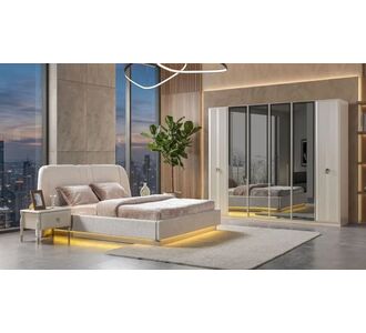 Stewehome Σετ υπνοδωματίου με κρεβάτι βάσης υφασμάτινη επένδυση ντουλάπα με 6 πόρτες κομοδίνο και συρταριέρα Βιζόν Μπεζ 257x61x220 cm 50858068 |  Σέτ Κρεβατοκάμαρας στο espiti