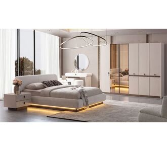 Stewehome Σετ υπνοδωματίου μοντέρνο με ντουλάπα με 6 πόρτες κρεβάτι με βάση και υφασμάτινη ταπετσαρία κεφαλάρι κομοδίνο και συρταρ Βιζόν Μπεζ και σκούρο χρωμιωμένο 225x230x100 cm 6428424 |  Σέτ Κρεβατοκάμαρας στο espiti