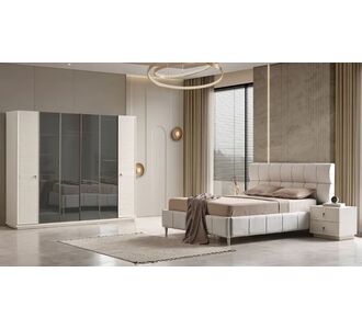 Stewehome Σετ υπνοδωματίου μοντέρνο με ντουλάπα MDF με 6 πόρτες κρεβάτι ξύλινο με υφασμάτινη επένδυση και βάση με αμορτισέρ κομοδί Αυτός και μπονζ 19 257x59x218 cm 25454563 |  Σέτ Κρεβατοκάμαρας στο espiti