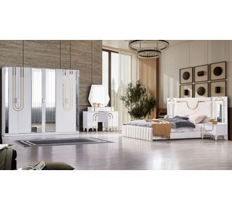 Stewehome Σετ υπνοδωματίου μοντέρνο με ντουλάπα MDF και κρεβάτι με βάση και υφασμάτινη επένδυση κεφαλαριού Λευκό και χρυσό 242x54x217 cm 32699220 |  Σέτ Κρεβατοκάμαρας στο espiti