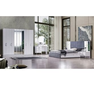 Stewehome Σετ υπνοδωματίου με κρεβάτι με βάση και ντουλάπα από mdf με υφασμάτινη επένδυση κεφαλαριού και φωτιζόμενο κεφαλάρι Λευκό Ασημί 242x54x217 cm 10413845 |  Σέτ Κρεβατοκάμαρας στο espiti