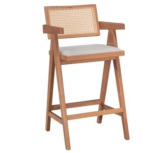 Σκαμπό bar Winslow pakoworld ξύλο rubberwood ανοικτό καρυδί-pvc rattan φυσικό-ύφασμα γκρι |  Σκαμπώ μπαρ στο espiti