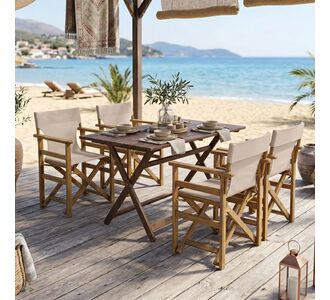 Tραπεζαρία Retto σετ 5τμχ μασίφ ξύλο οξιάς καρυδί πανί-μπεζ γκρι 100x60x71εκ |  Σετ τραπεζαρία κήπου στο espiti