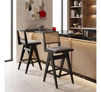 Σκαμπό bar Winslow pakoworld ξύλο rubberwood μαύρο-pvc rattan φυσικό-ύφασμα γκρι 44.5x46x98εκ |  Σκαμπώ μπαρ στο espiti