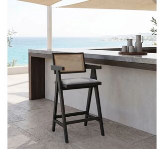 Σκαμπό bar Winslow pakoworld ξύλο rubberwood μαύρο-pvc rattan φυσικό-ύφασμα γκρι |  Σκαμπώ μπαρ στο espiti
