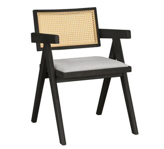 Πολυθρόνα Winslow pakoworld ξύλο rubberwood μαύρο-pvc rattan φυσικό-ύφασμα γκρι |  Πολυθρόνες τραπεζαρίας στο espiti