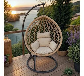 Κούνια φωλιά με βάση Lyere pakoworld μέταλλο καφέ-pe rattan σε μπεζ απόχρωση 120x108x195εκ |  Κούνιες στο espiti