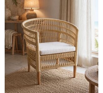 Πολυθρόνα Necorian paakoworld teak ξύλο με pe rattan σε φυσική απόχρωση και λευκό μαξιλάρι 80x70x87εκ |  Πολυθρόνες τραπεζαρίας στο espiti