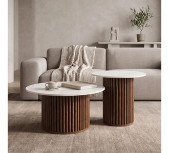 Τραπέζι σαλονιού Skerta pakoworld σετ 2τεμ λευκό sintered stone mdf με καρυδί βάση |  Τραπεζάκια σαλονιού στο espiti