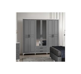 Stewehome Ντουλάπα με 6 πόρτες και καθρέφτη από mdf σε ανθρακί και λευκό χρώμα 210x52x52 cm 96289679 |  Ντουλάπες ρούχων στο espiti